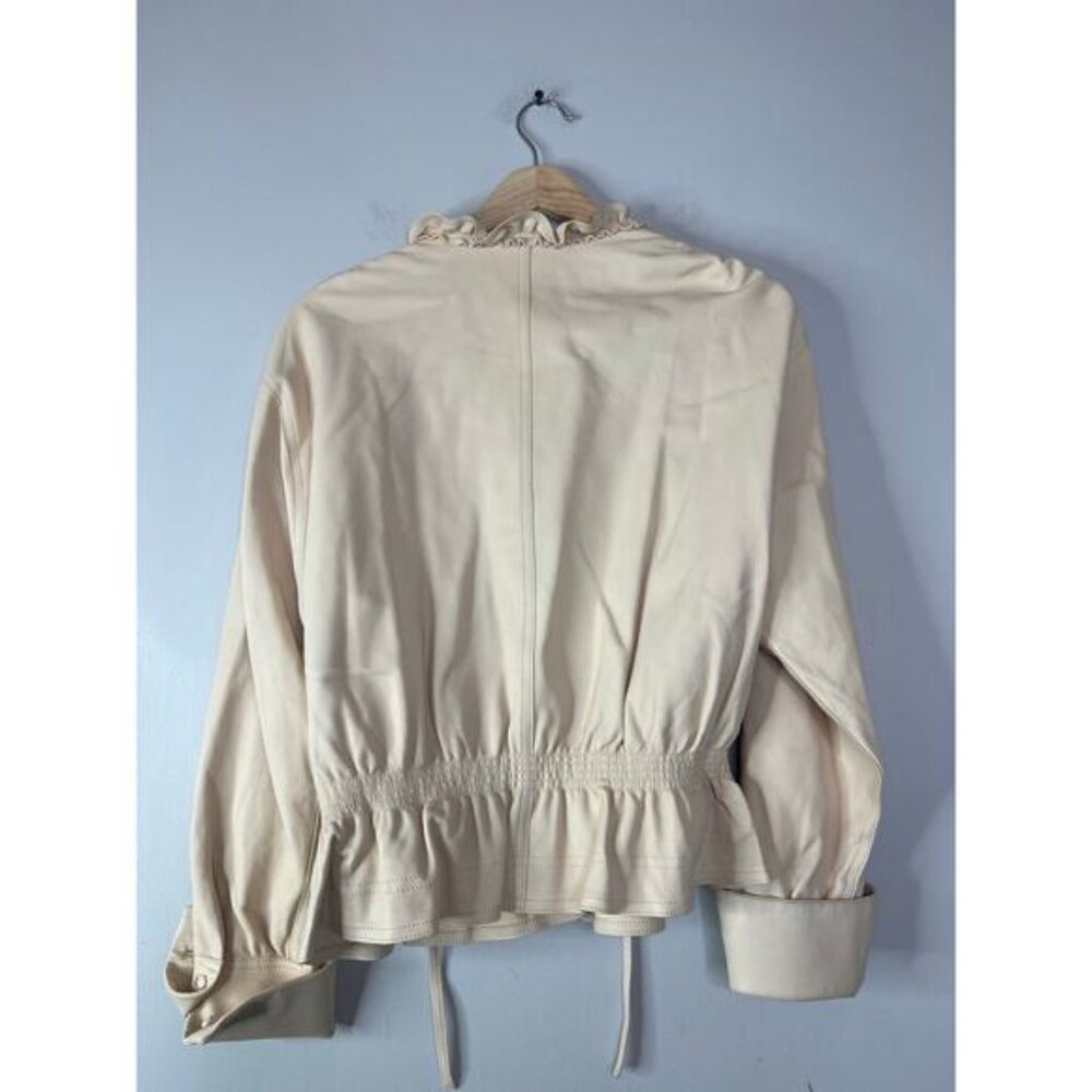 NEW Rebecca Taylor Long Sleeve Straw Smocked Waist Leather Blouse Top Cream - Picture 6 of 7